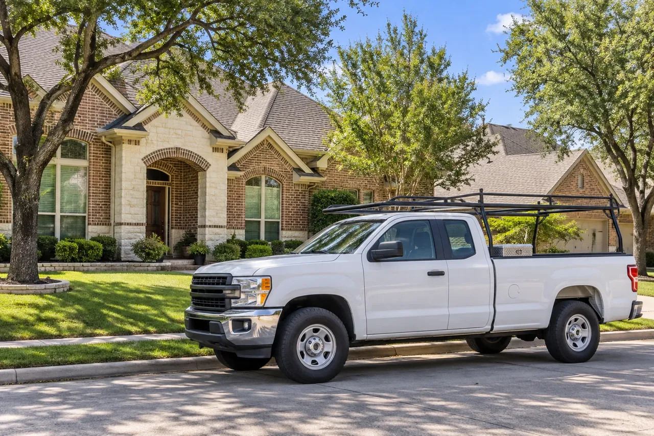 Work truck parked at a brick home in Round Rock