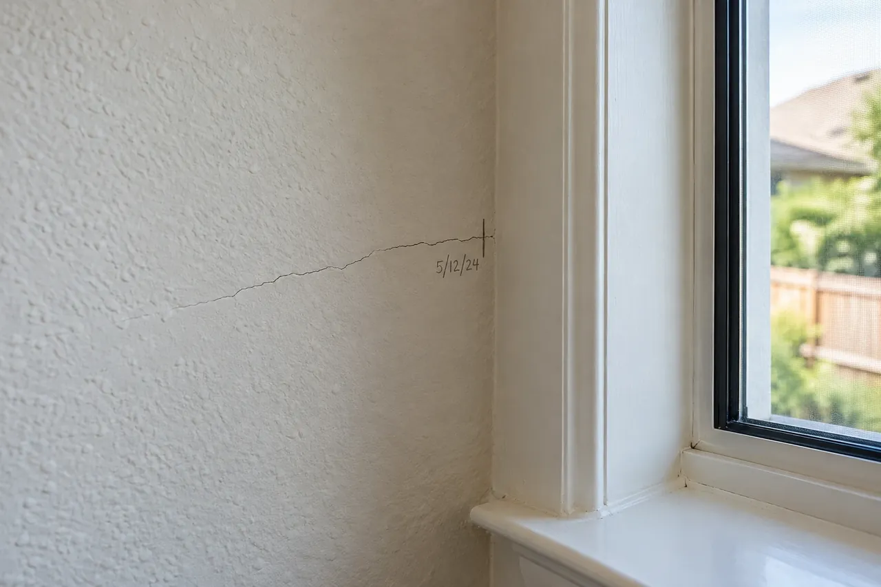 Pencil mark and date at the end of a drywall crack for monitoring