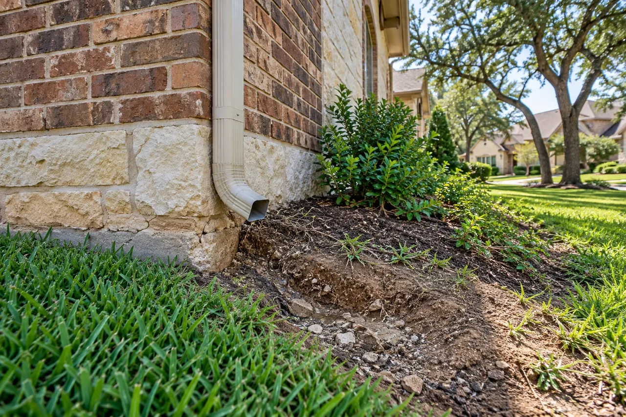 Downspout dumping water at the foundation corner of a Round Rock home