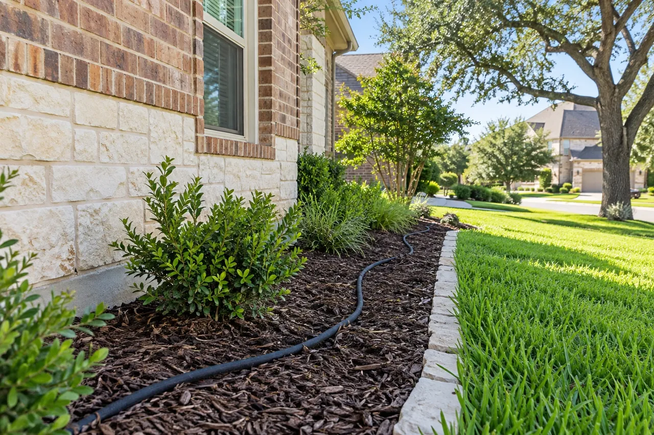 Soaker hose set a foot from a slab foundation for drought watering