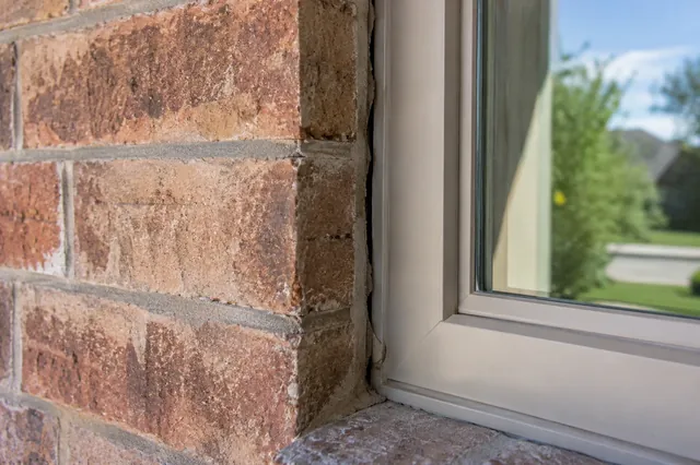 Gaps between brick and window frames, or stair-step mortar cracks.