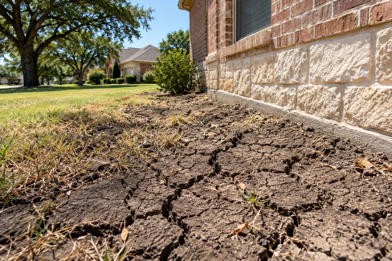Drought cracks opening in clay soil beside a Round Rock slab foundation