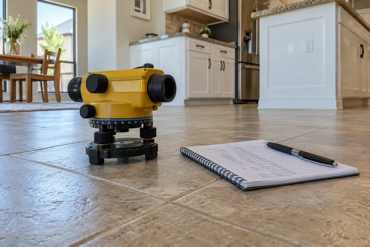 Floor elevation readings taken on a kitchen floor during a free foundation evaluation