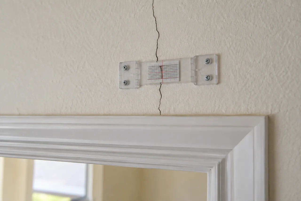 Crack gauge mounted over a drywall crack to monitor foundation movement