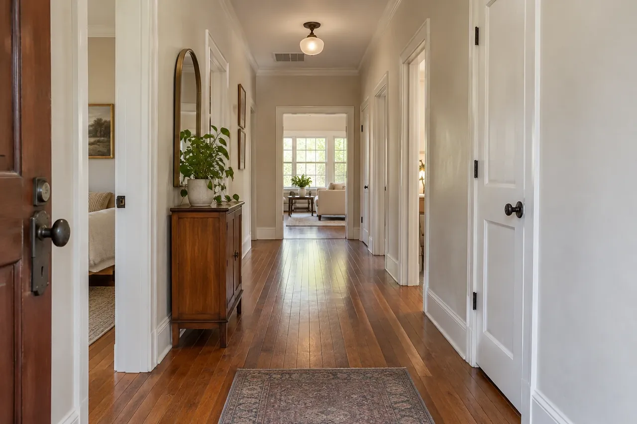 Leveled hardwood hallway in an older Round Rock pier-and-beam home