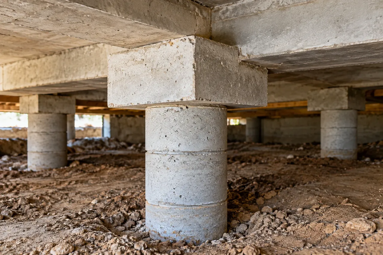 Stacked pressed concrete pier cylinders under a grade beam
