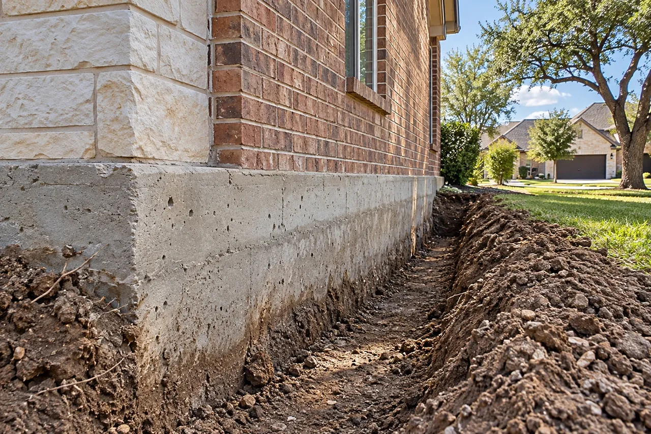 Exposed grade beam of a Round Rock slab foundation during repair